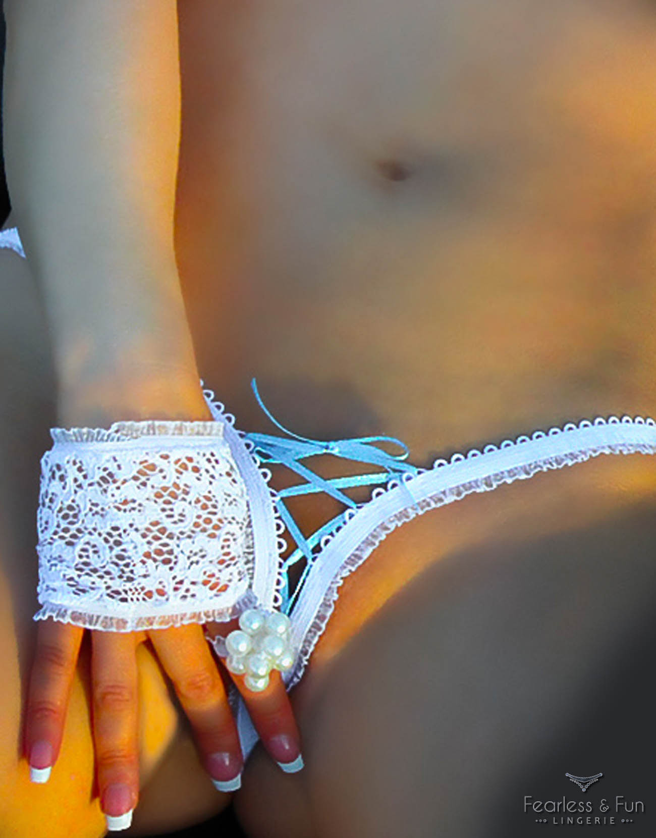 Crotchless Lace Up Thong White-Light Blue