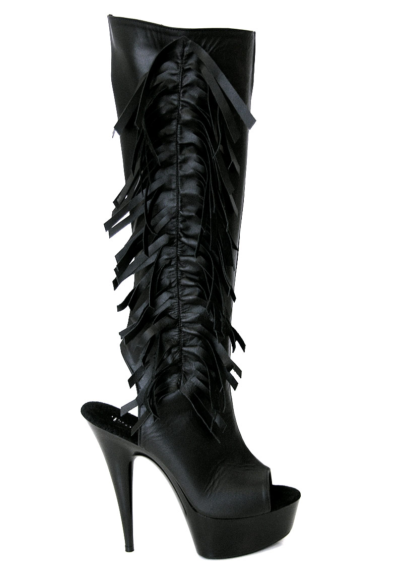 Jungle - 6 Inch Black Leather Fringe Knee High Boot